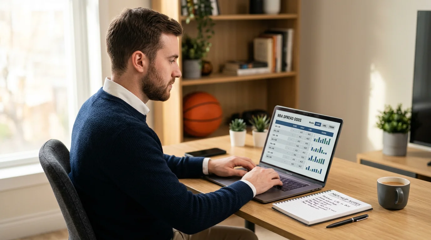 Analyytikko tarkastelee NBA-tilastoja kannettavalla tietokoneella